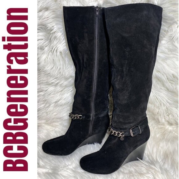 BCBGeneration Merryl Black Genuine Suede Tall Wedge Chain Link Boots, Size 9 - Picture 6 of 12